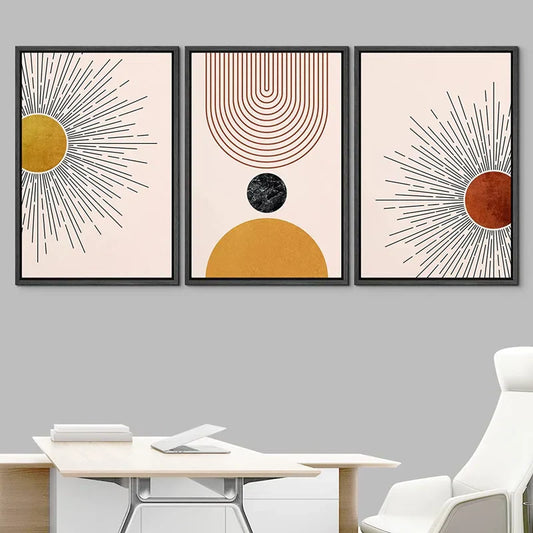 Mid-Century Geometric Solar Sunrays Planets - 3 Piece Floater Frame on Canvas